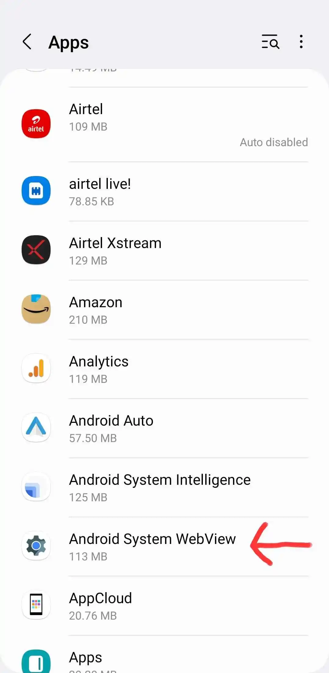 Selecting Android System WebView from Apps list from the device settings