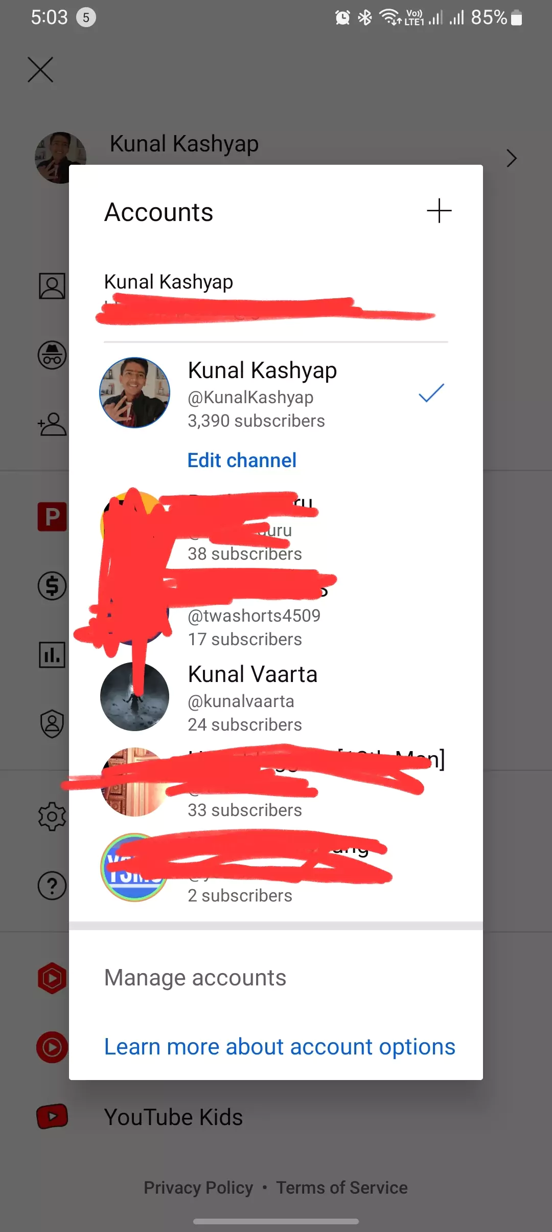 screenshots of multiples accounts on youtube app