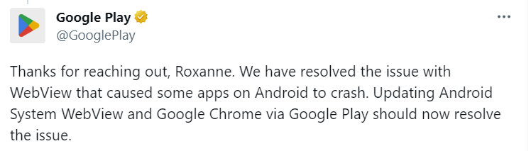 google play twitter account commented on a user system webview crash