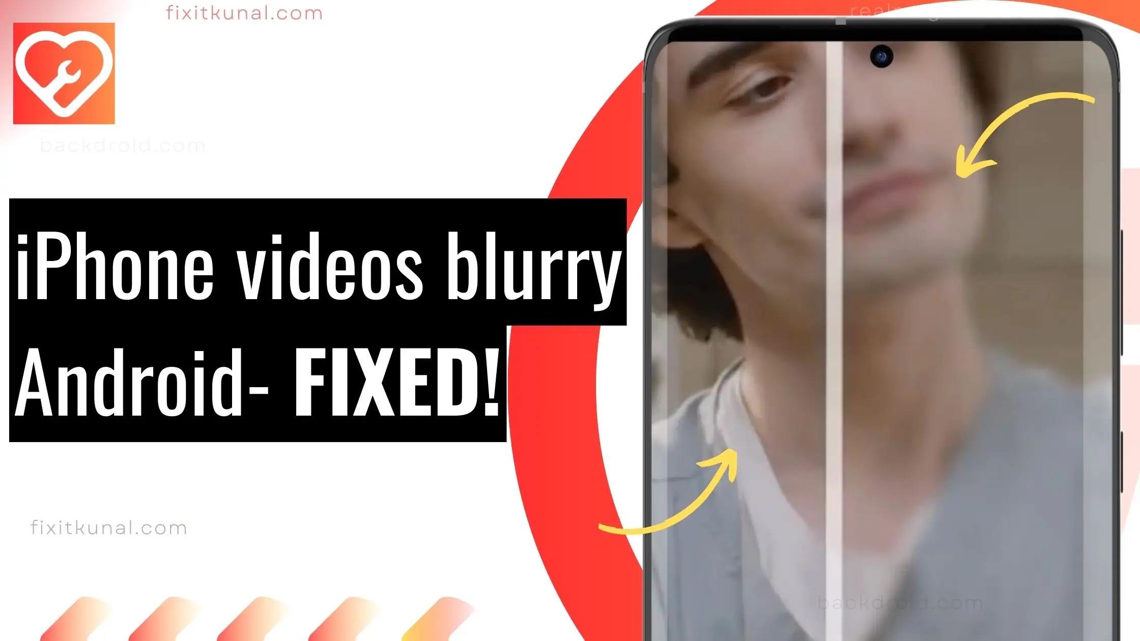 a thumbnail image for fixing blurry iphone videos on android with a black smartphone on a red background