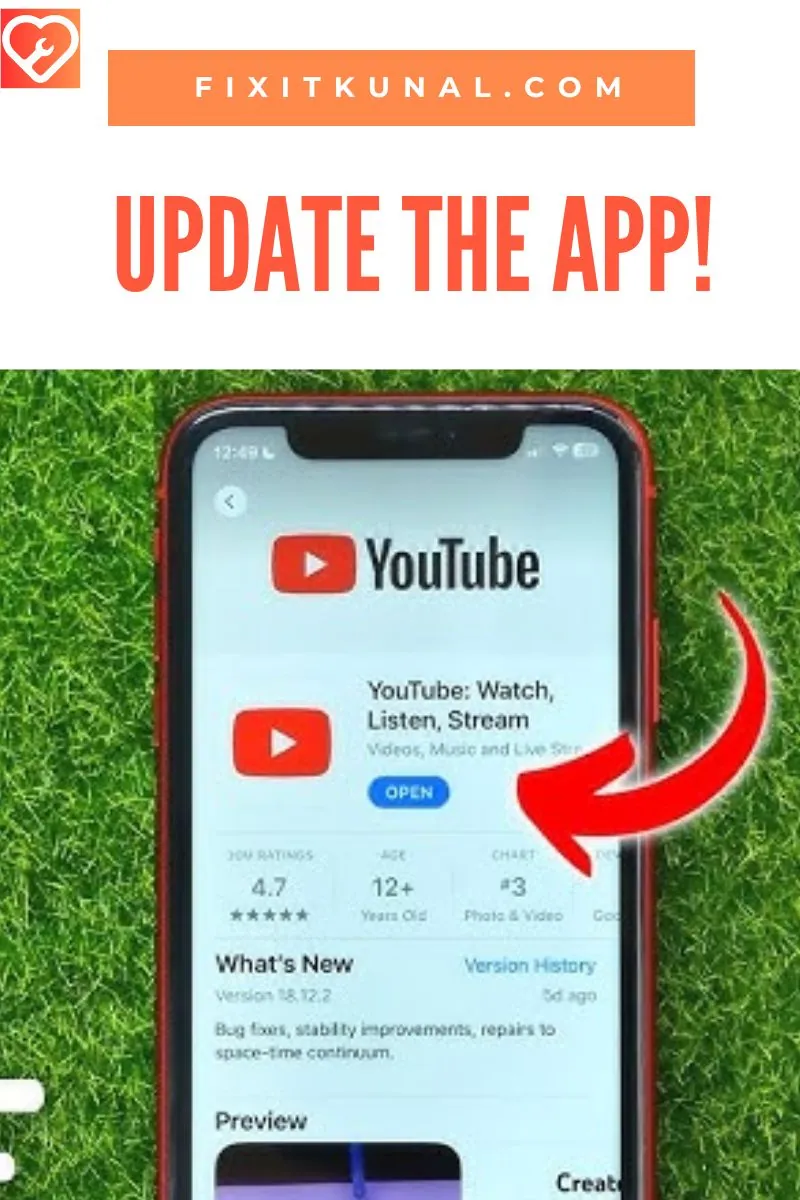 screenshot of updating youtube app with overlay text update app
